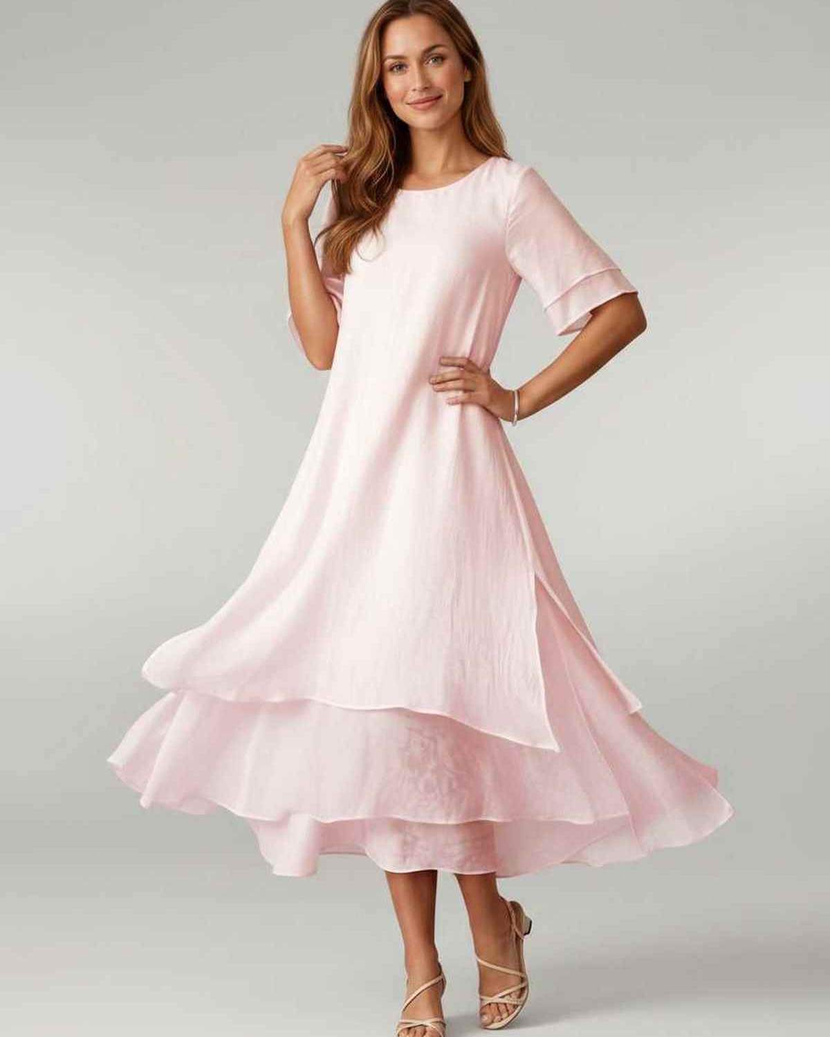 Aurelia Midi Dress by Lauven — lightweight short sleeve round neck layered midi dress
