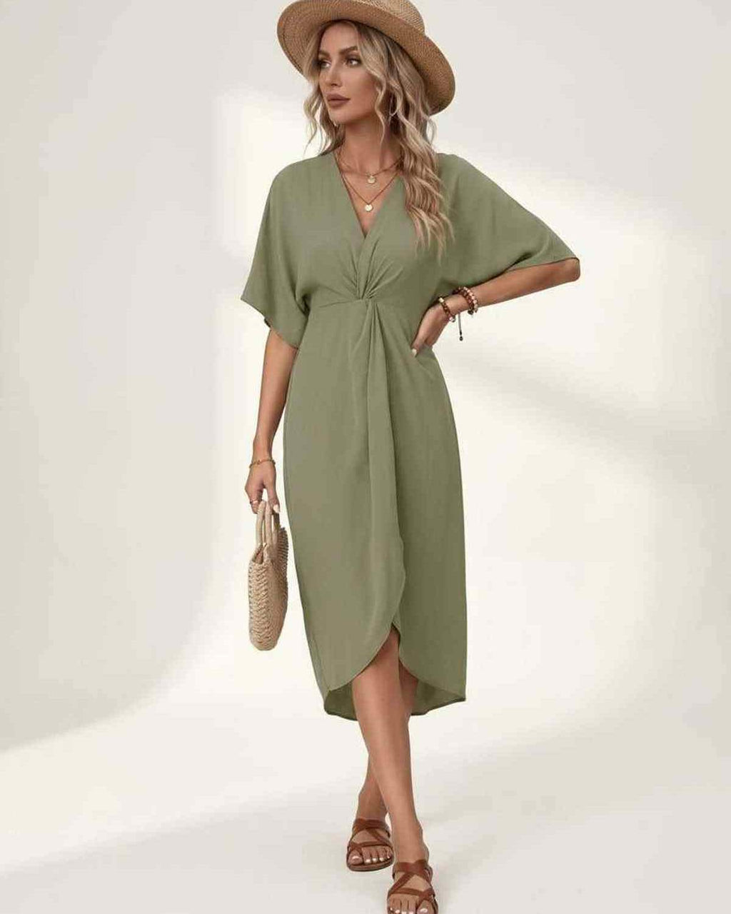Elara Midi Dress by Lauven — premium short sleeve V-neck wrap style midi dress