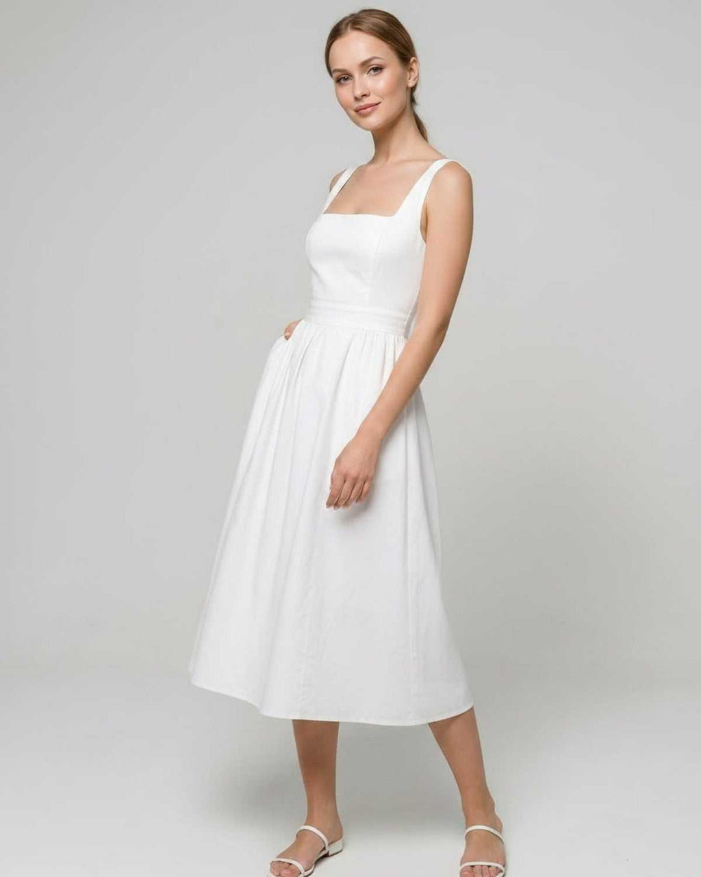 Aveline Midi Dress by Lauven — lightweight sleeveless square neck fit and flare midi dress