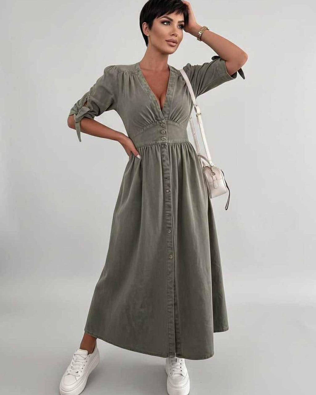 Eloria Midi Dress by Lauven — lightweight mid sleeve V-neck button front fit and flare midi dress