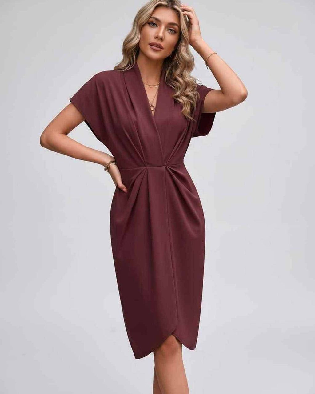 Veloura Midi Dress by Lauven — satin cap sleeve V-neck draped midi dress