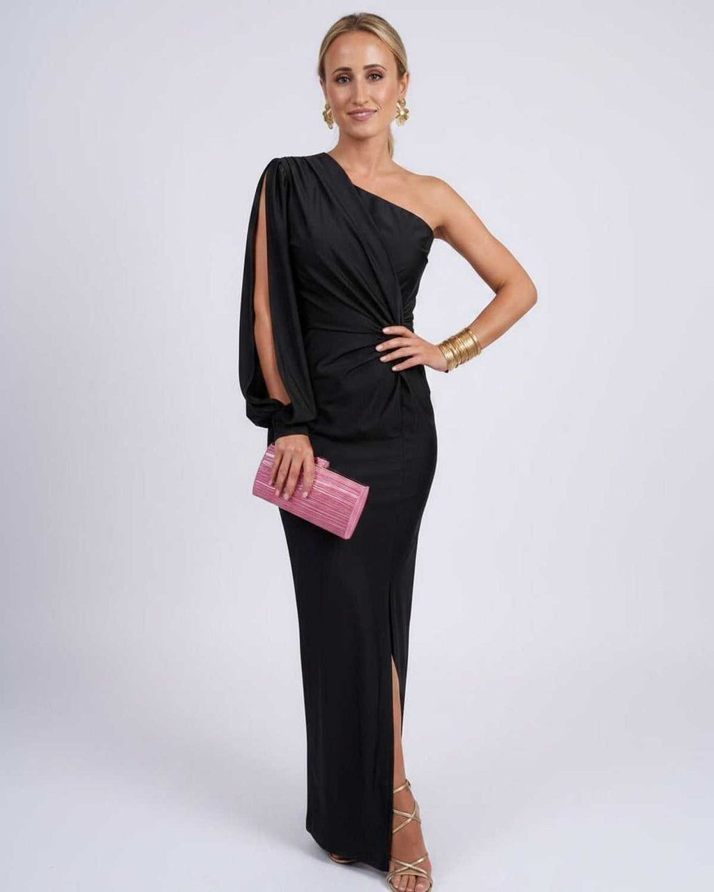Veloura Maxi Dress by Lauven — satin one-shoulder long sleeve draped maxi dress