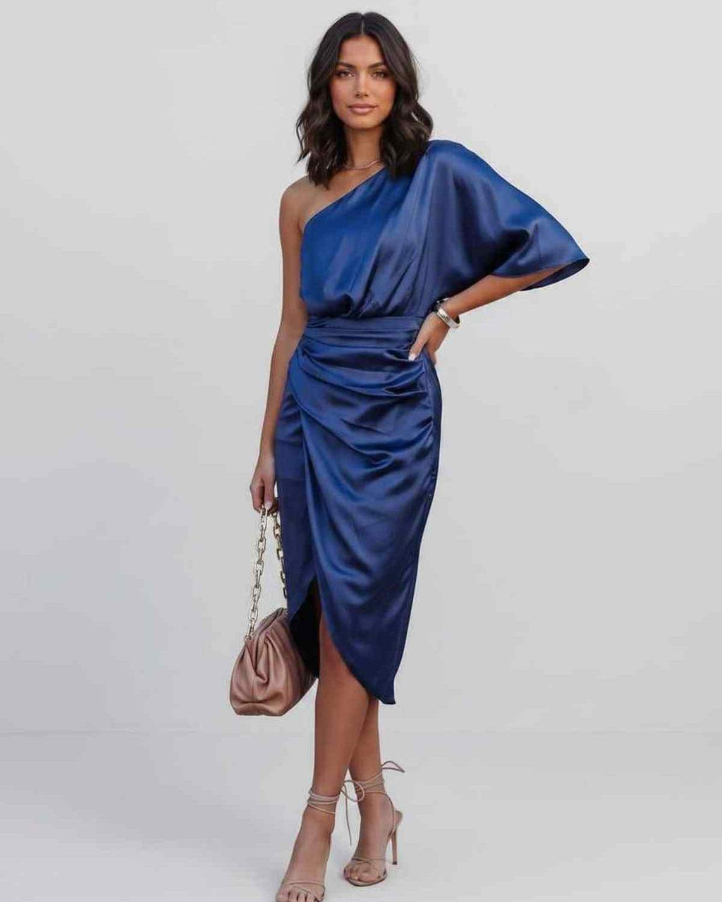 Veloura Midi Dress by Lauven — satin one shoulder draped midi dress with slit