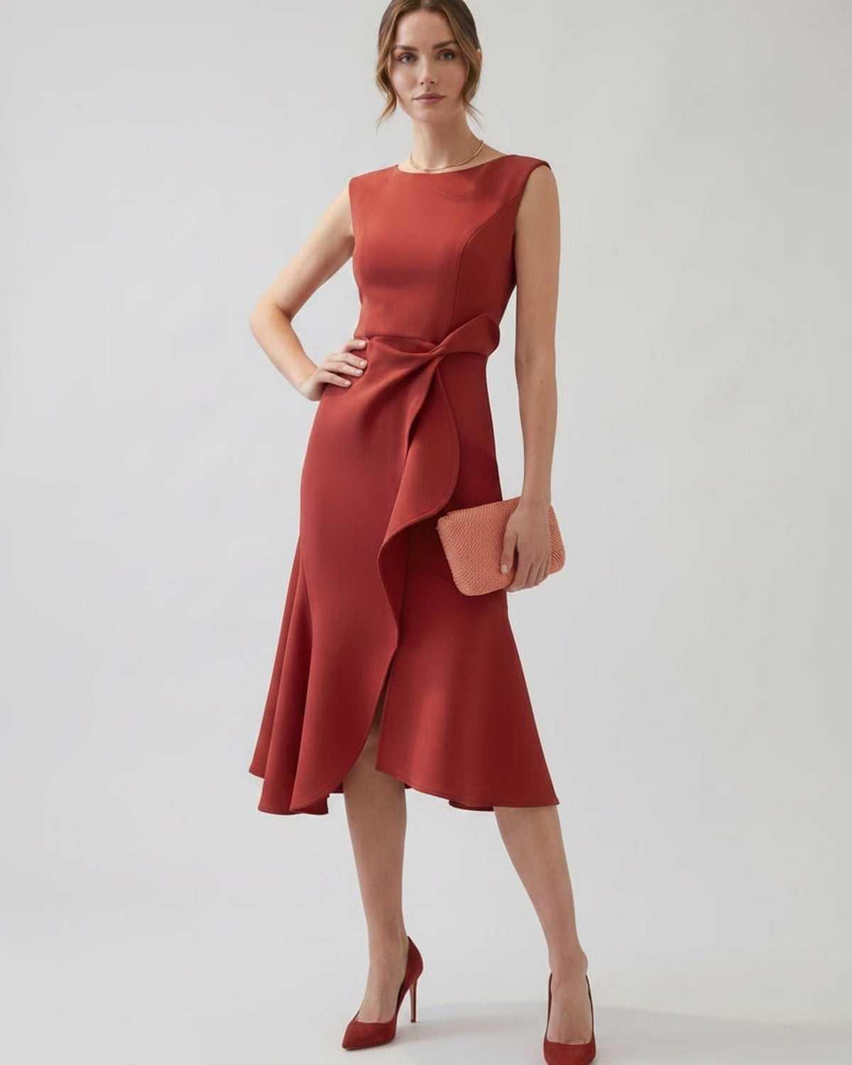 Serelune Midi Dress by Lauven — sleeveless satin midi dress with ruffle detail and fit flare silhouette
