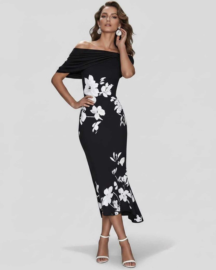 Veloura Midi Dress by Lauven — floral off shoulder satin midi dress with draped sleeves