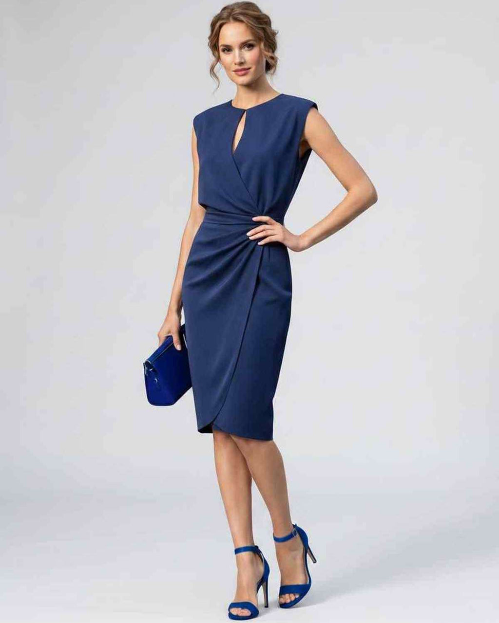 Velmira Midi Dress by Lauven — sleeveless keyhole wrap midi dress with ruched waist