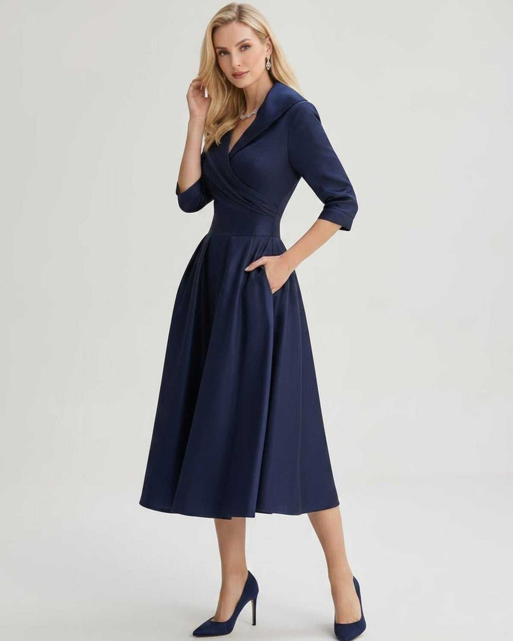 Serelune Midi Dress by Lauven — satin blend 3/4 sleeve V-neck A-line midi dress