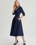 Serelune Midi Dress by Lauven — satin blend 3/4 sleeve V-neck A-line midi dress