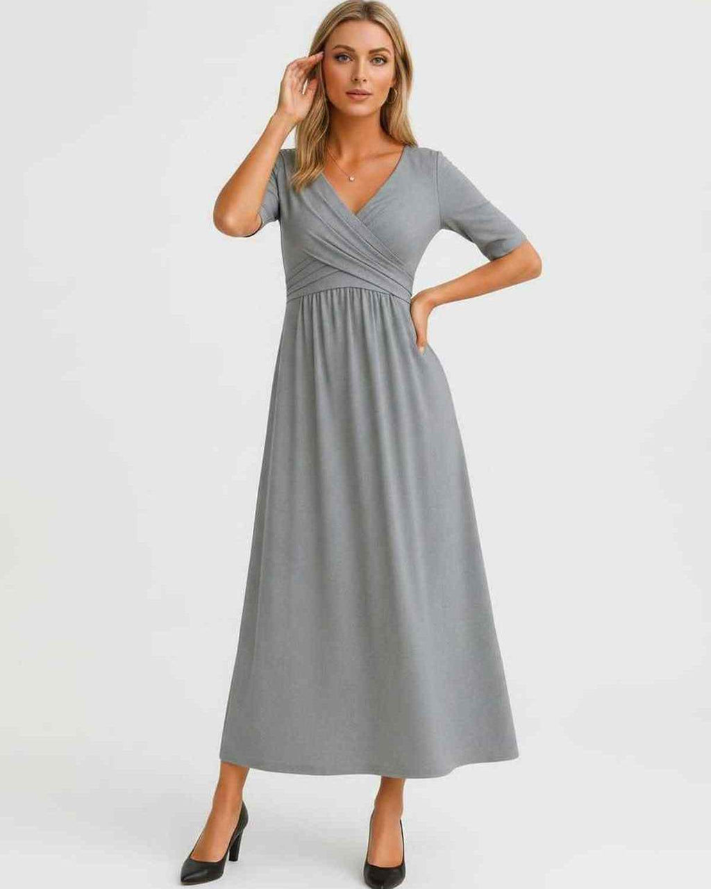 Velmira Midi Dress by Lauven — soft stretch short sleeve V-neck A-line midi dress