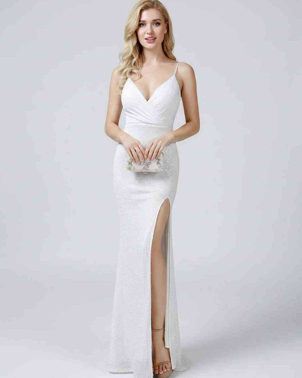 Celeste Maxi Dress by Lauven — sequin sleeveless V-neck mermaid maxi dress with spaghetti straps and front slit