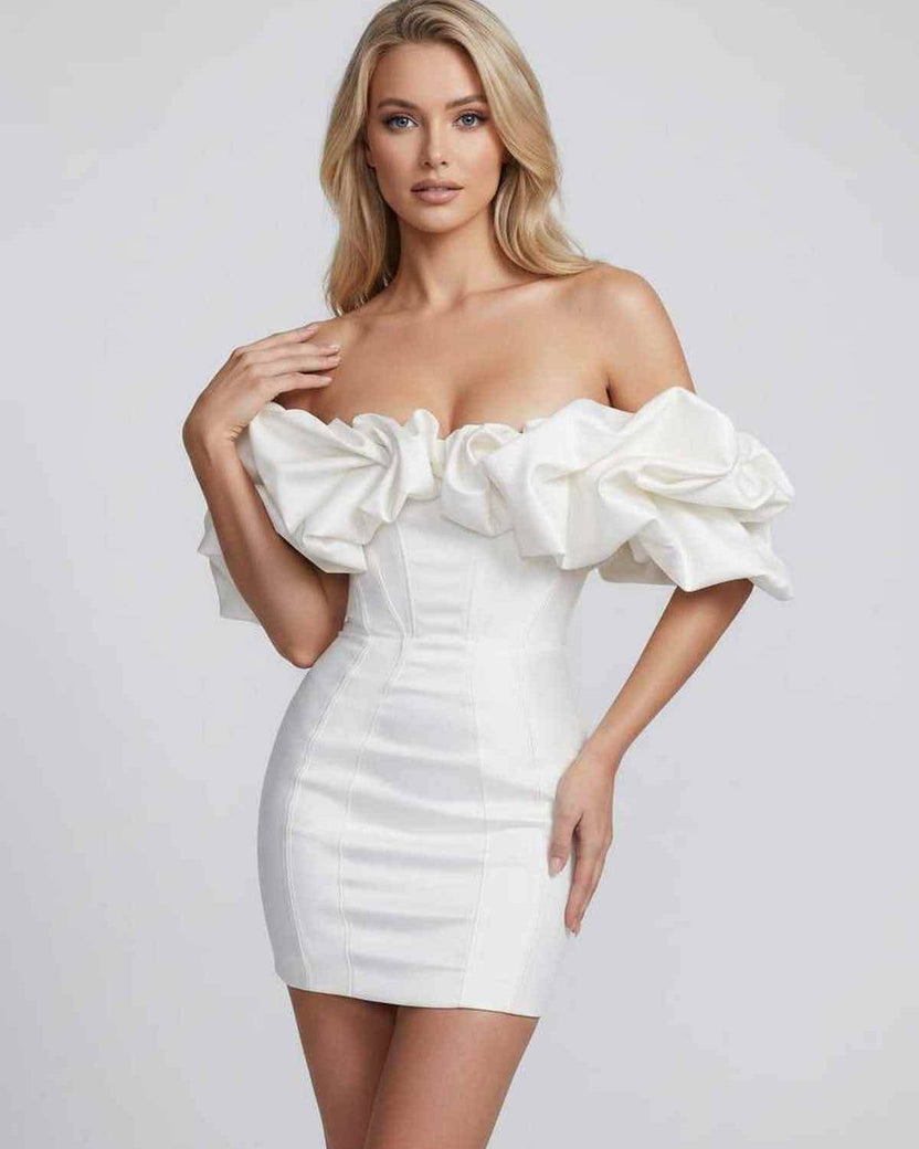 Aurelle Mini Dress by Lauven — polyester spandex flounce sleeve off-the-shoulder bodycon mini dress