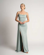 Celestia Maxi Dress by Lauven — polyester spaghetti strap mermaid maxi dress with beading and split