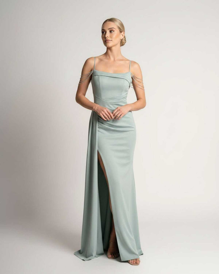 Celestia Maxi Dress by Lauven — polyester spaghetti strap mermaid maxi dress with beading and split