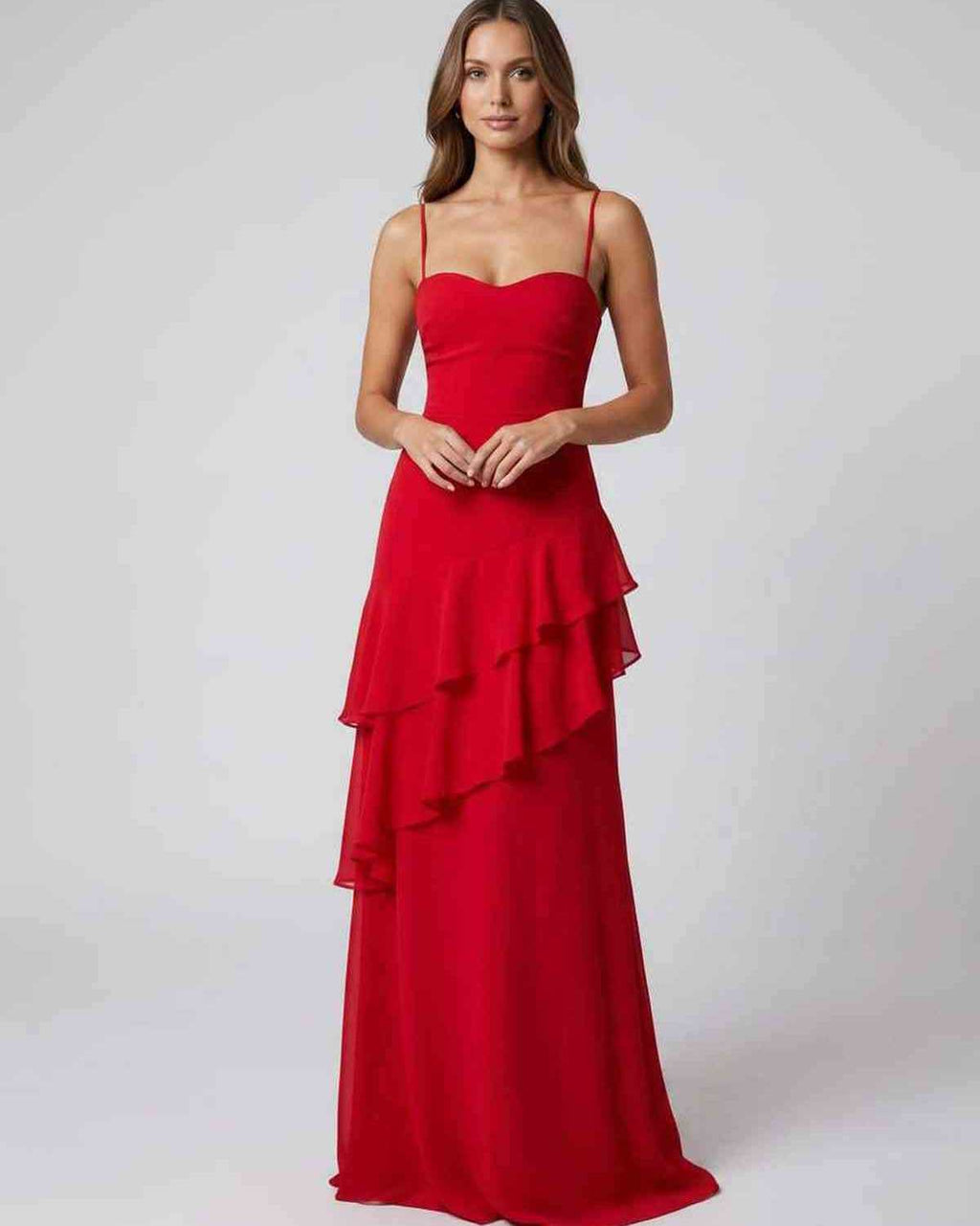 Rosette Maxi Dress by Lauven — polyester V-neck sleeveless bodycon maxi dress with layered ruffles