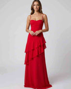 Rosette Maxi Dress by Lauven — polyester V-neck sleeveless bodycon maxi dress with layered ruffles