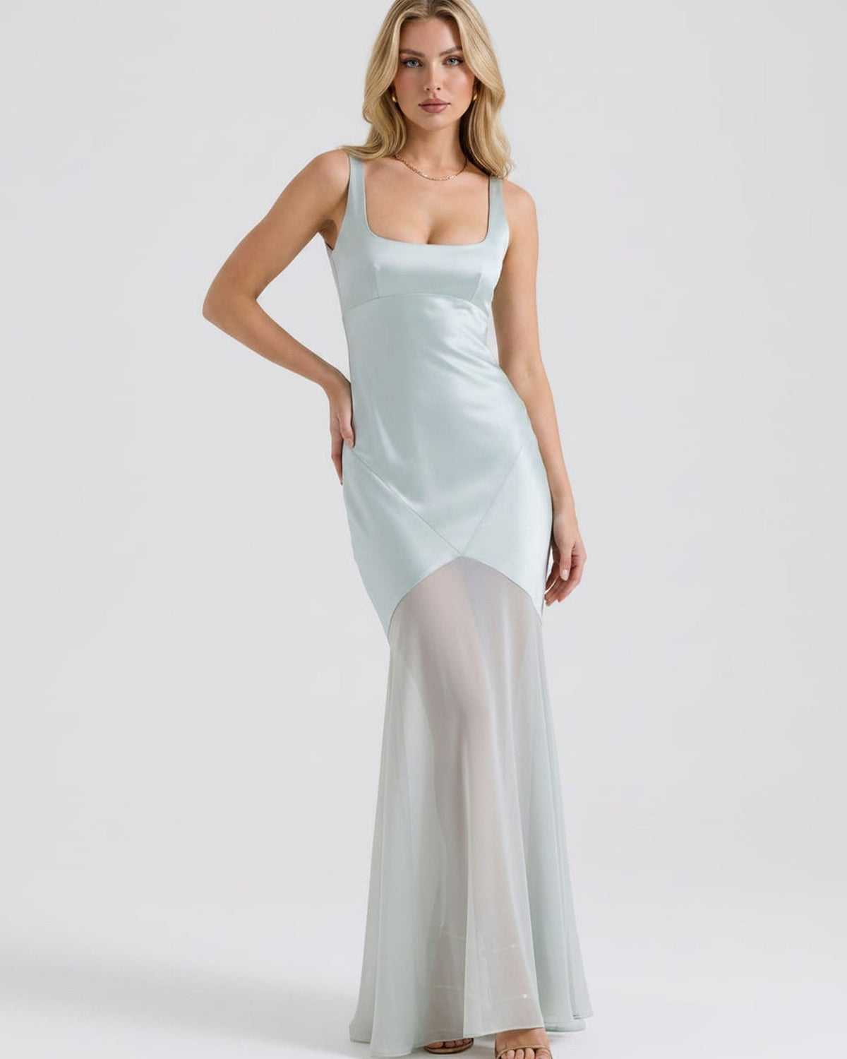 Lunelle Maxi Dress by Lauven — polyester square neck sleeveless slip maxi dress with satin chiffon detail