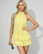 Lunelle Mini Dress by Lauven — polyester sleeveless tie neck loose fit mini dress