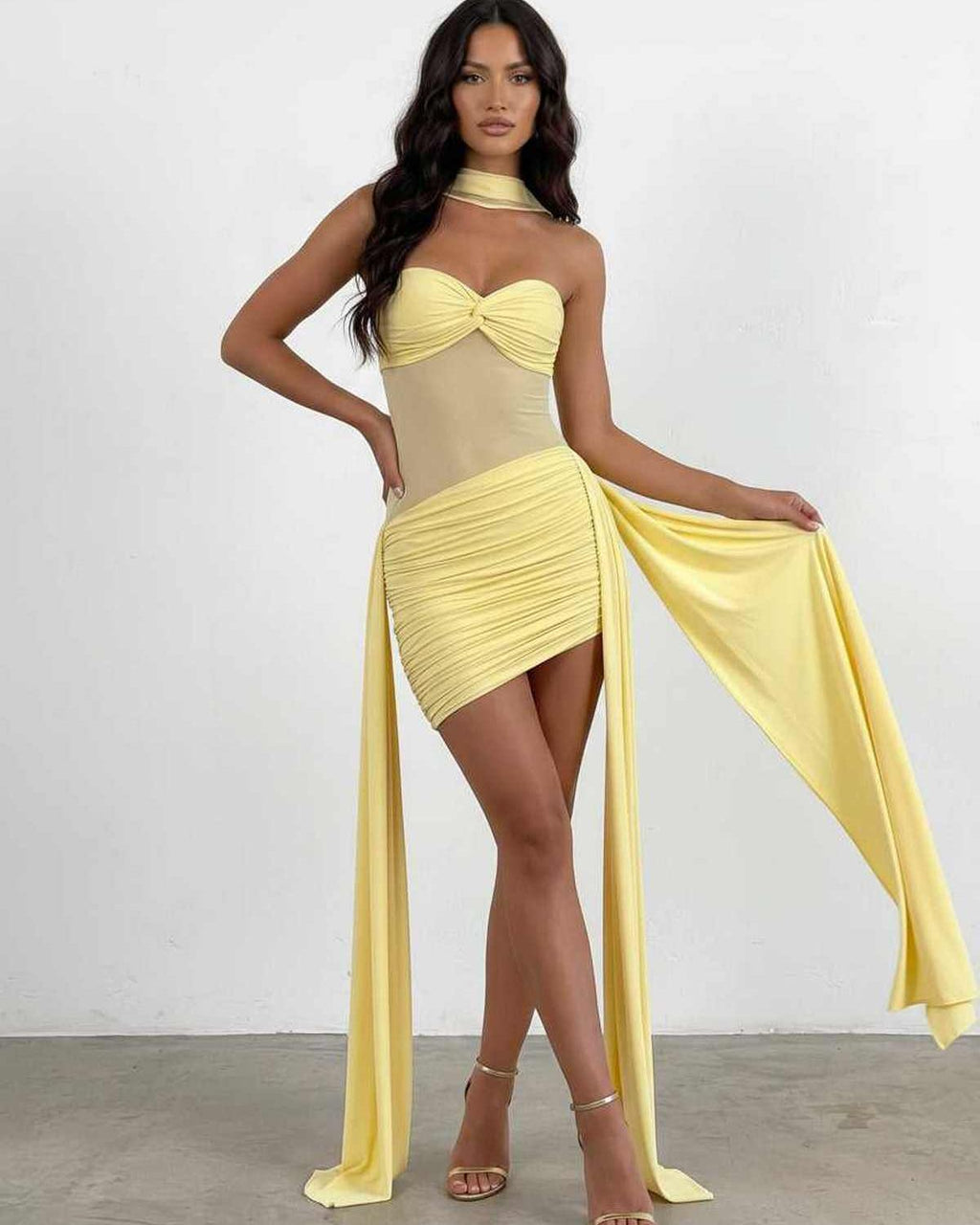 Veloura Mini Dress by Lauven — polyester strapless bodycon mini dress with draped detail