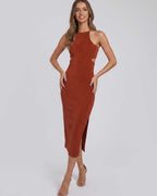 Sable Midi Dress by Lauven — suede-touch polyester blend sleeveless crew neck slim midi dress
