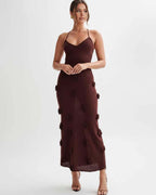 Rosette Maxi Dress by Lauven — textured polyester knit sleeveless V-neck floral maxi dress