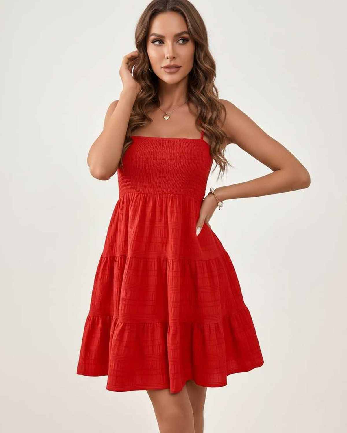 Solara Mini Dress by Lauven — textured sleeveless square neck tiered swing mini dress