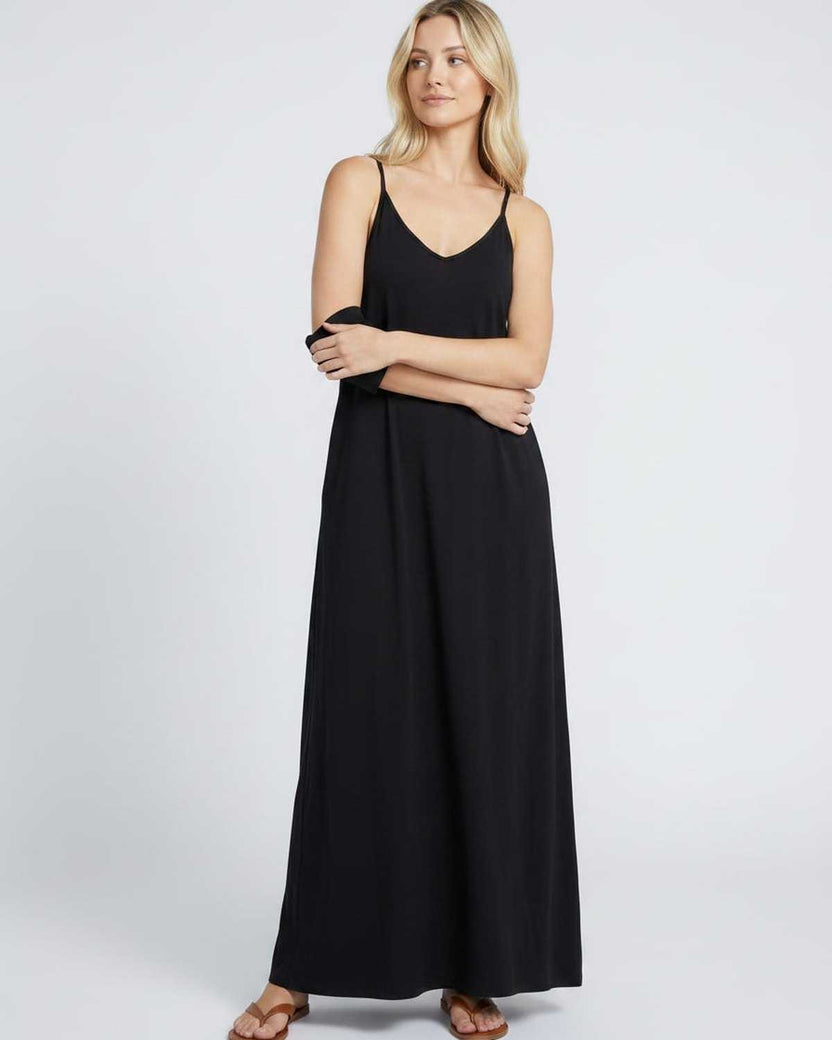 Solenne Maxi Dress by Lauven — soft stretch sleeveless V-neck relaxed A-line maxi dress