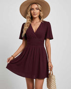 Calista Mini Dress by Lauven — chiffon ruffled short sleeve V-neck A-line mini dress
