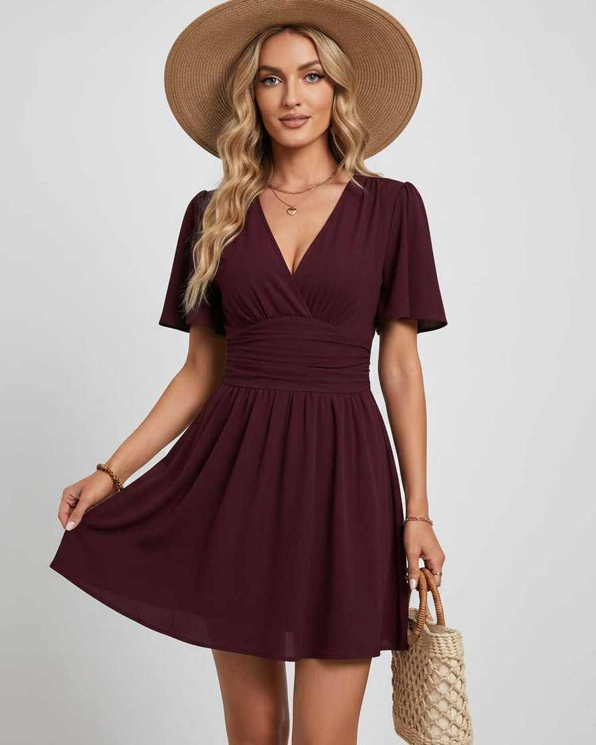 Calista Mini Dress by Lauven — chiffon ruffled short sleeve V-neck A-line mini dress