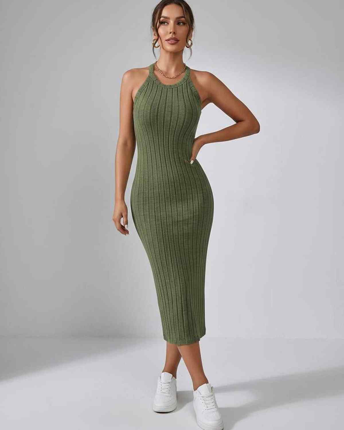 Lunara Midi Dress by Lauven — ribbed knit sleeveless crew neck slim-fit midi dress