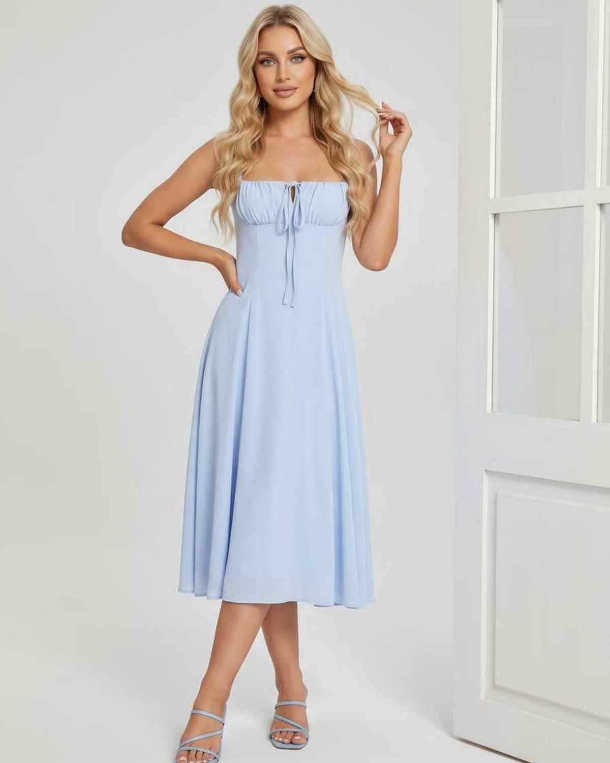 Serelune Midi Dress by Lauven — lightweight sleeveless square neck A-line midi dress