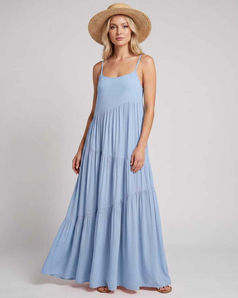 Solenne Maxi Dress by Lauven — light blue rayon blend sleeveless scoop neck tiered A-line maxi dress