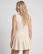 Vesper Mini Dress by Lauven — stretch knit sleeveless bateau neck drop waist pleated mini dress