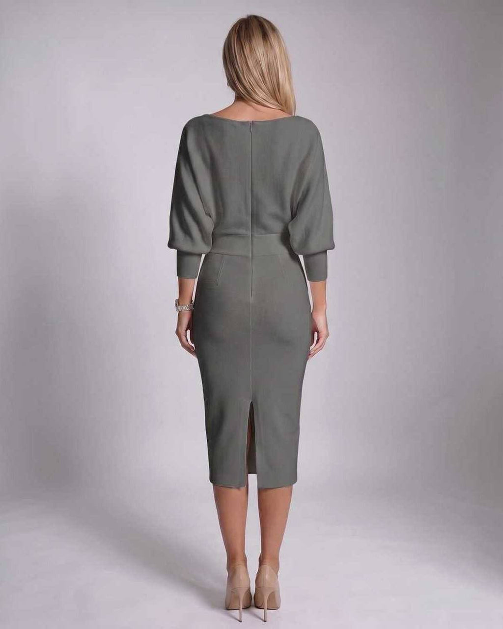 Serene Midi Dress by Lauven — knit batwing sleeve cowl neck fitted midi dress
