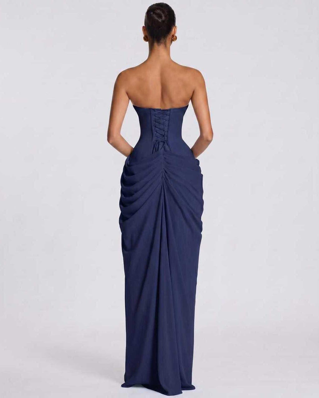 Seraphine Maxi Dress by Lauven — chiffon strapless pleated high slit maxi dress