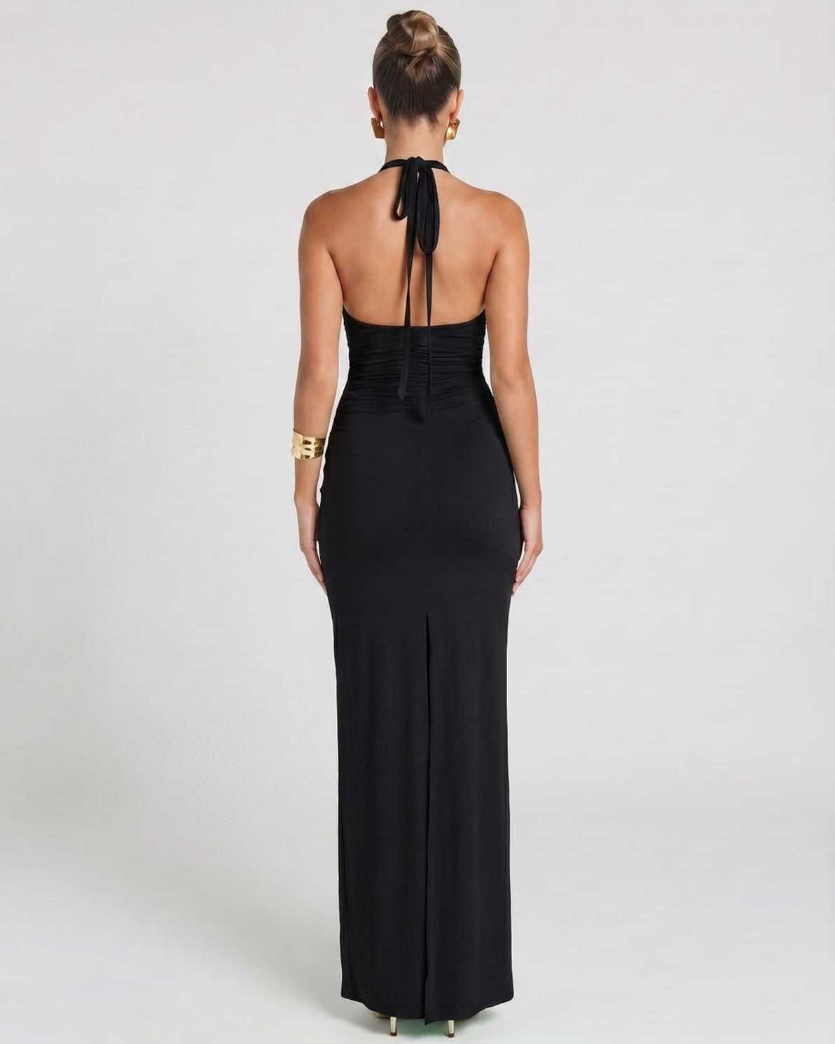 Solvienne Maxi Dress by Lauven — stretch sleeveless deep V-neck ruched maxi dress