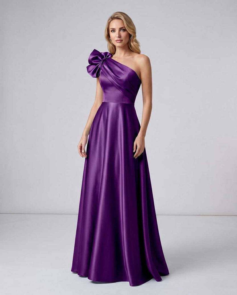Aurevina Maxi Dress by Lauven — purple satin one shoulder A-line maxi dress with ruffle detail