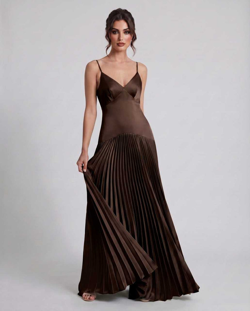Veloura Maxi Dress by Lauven — brown satin spaghetti strap V-neck A-line maxi dress
