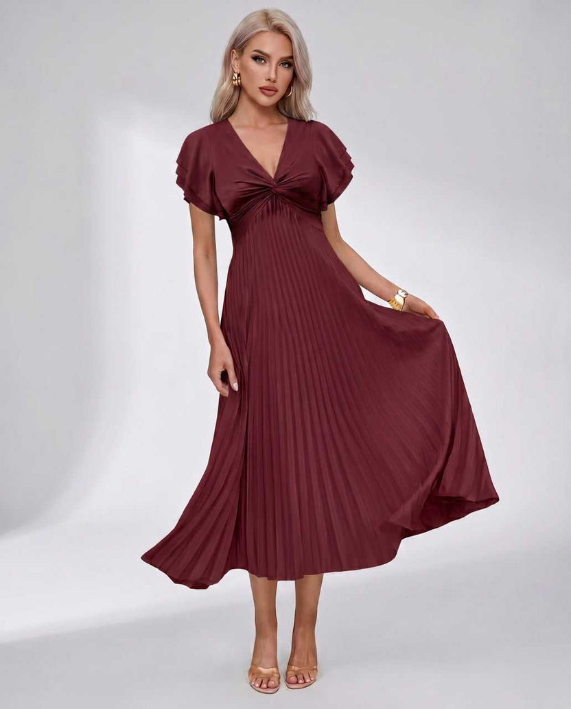 Veloura Midi Dress by Lauven — burgundy pleated chiffon flutter sleeve V-neck A-line midi dress