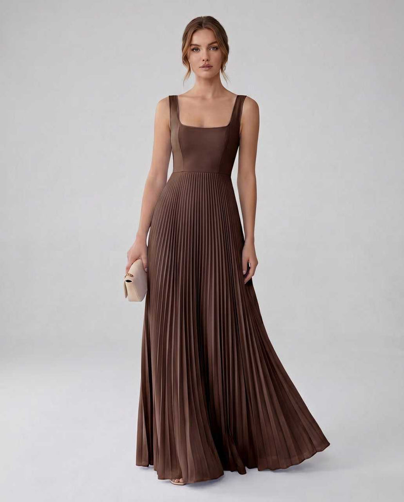 Veloura Maxi Dress by Lauven — brown satin chiffon sleeveless square neck pleated A-line maxi dress