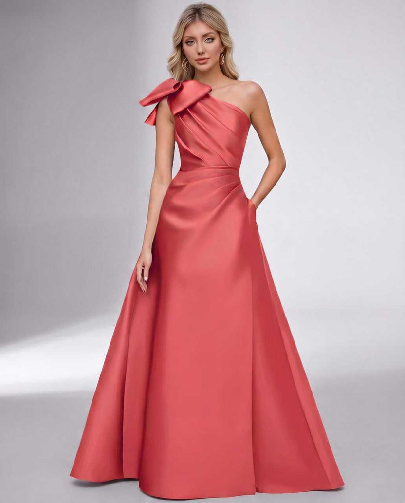 Celestia Maxi Dress by Lauven — coral satin one shoulder A-line maxi dress with bow