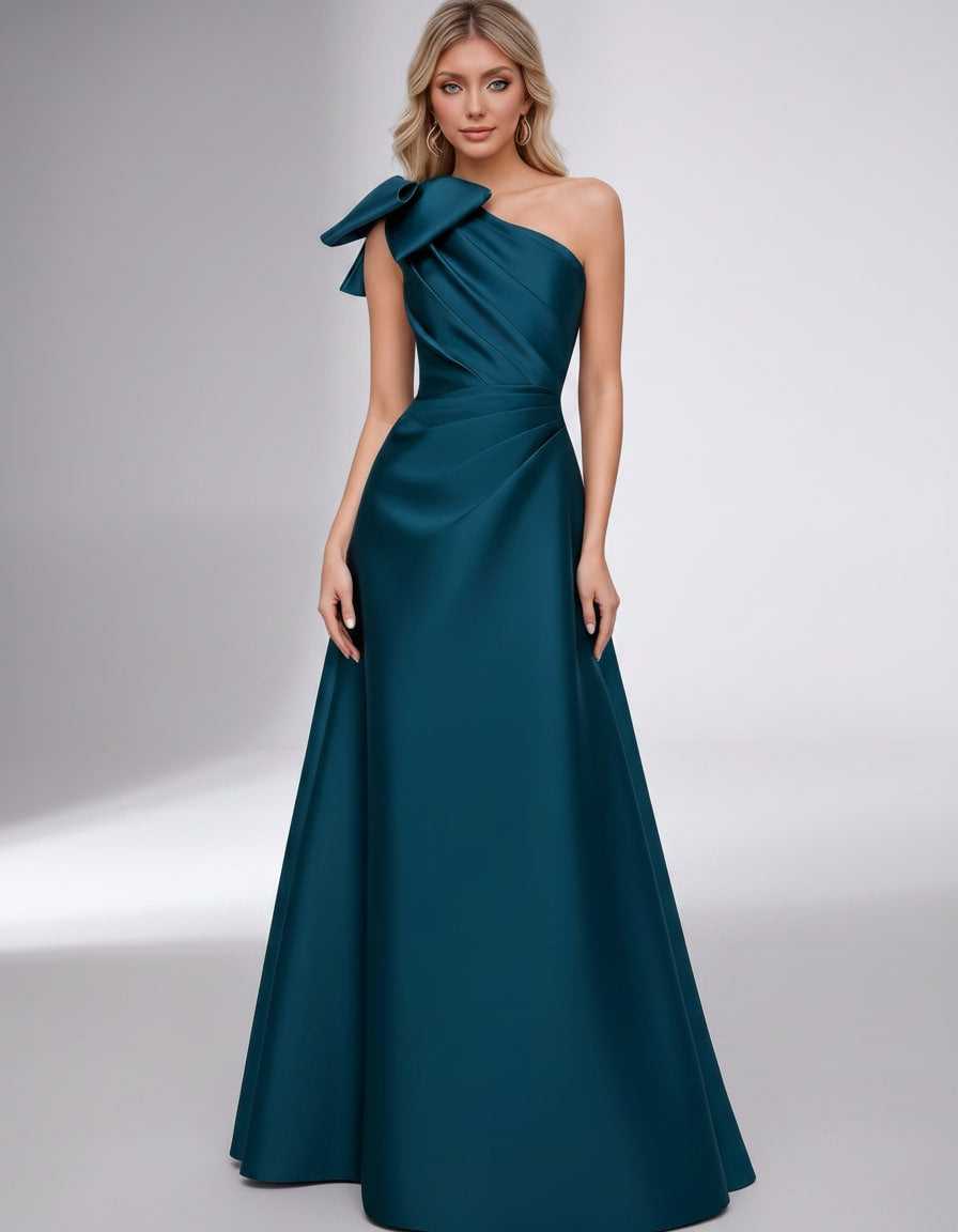 Celestia Maxi Dress by Lauven — satin one shoulder A-line maxi dress with bow
