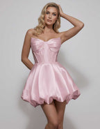 Veloura Mini Dress by Lauven — satin strapless sweetheart A-line mini dress
