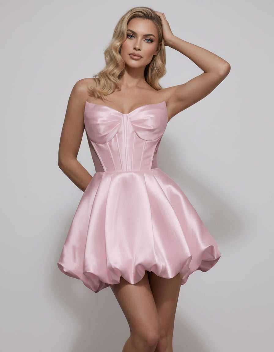 Veloura Mini Dress by Lauven — satin strapless sweetheart A-line mini dress