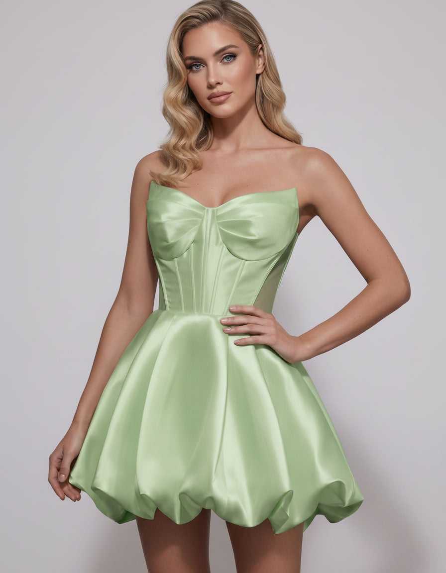 Veloura Mini Dress by Lauven — satin strapless sweetheart A-line mini dress