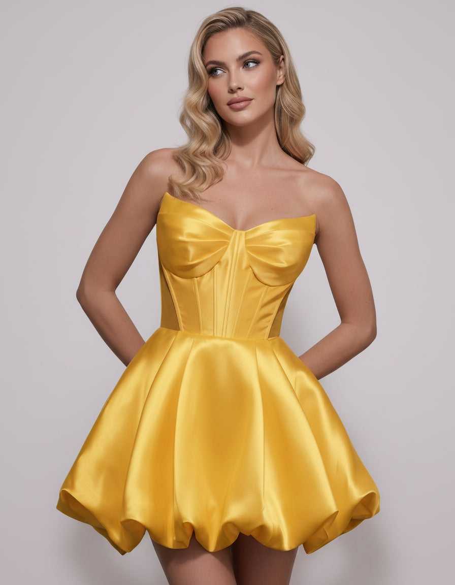 Veloura Mini Dress by Lauven — satin strapless sweetheart A-line mini dress