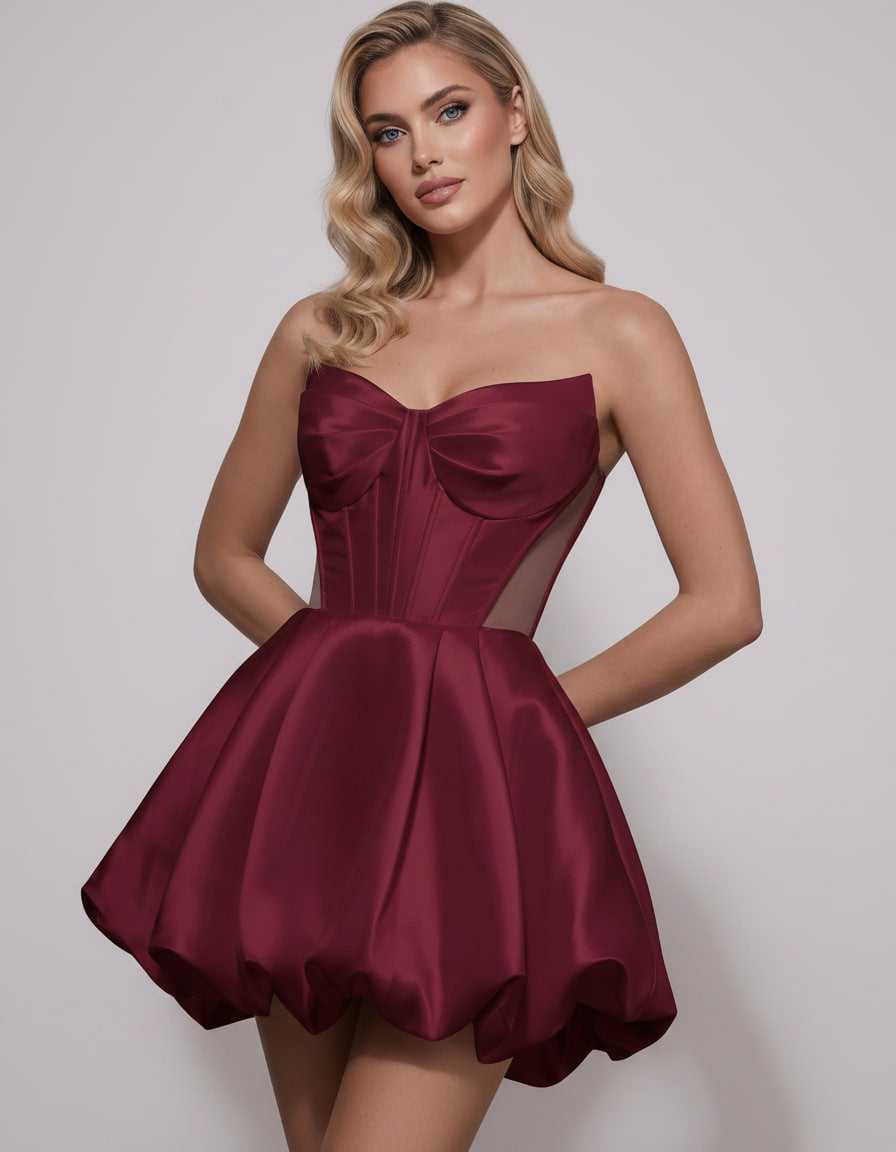 Veloura Mini Dress by Lauven — satin strapless sweetheart A-line mini dress
