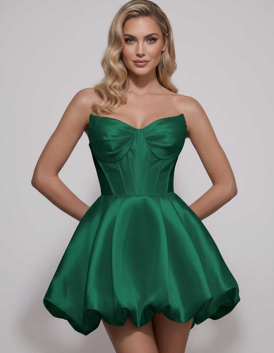 Veloura Mini Dress by Lauven — satin strapless sweetheart A-line mini dress
