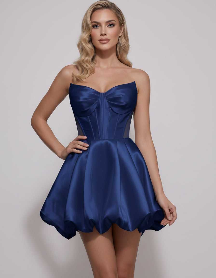 Veloura Mini Dress by Lauven — satin strapless sweetheart A-line mini dress