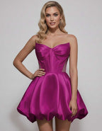 Veloura Mini Dress by Lauven — satin strapless sweetheart A-line mini dress