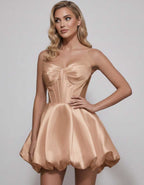 Veloura Mini Dress by Lauven — satin strapless sweetheart A-line mini dress